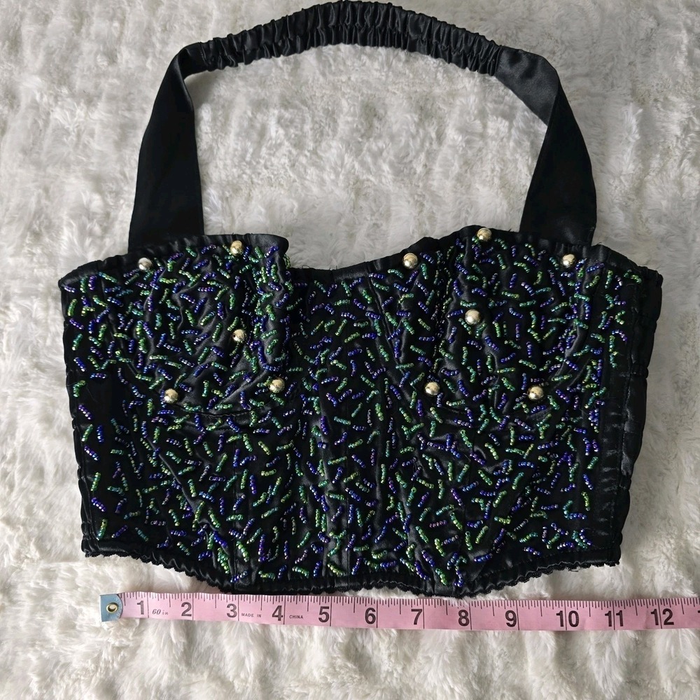 Victoria's Secret VTG Gold Label Black Corset Blue Green Beaded Bra Bustier Med - Picture 6 of 16